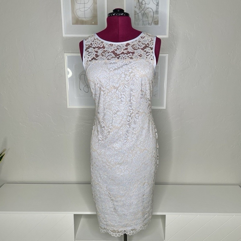 Lauren Ralph Lauren Dress Womens 10 White Cream Floral Lace Sheath Sleeveless‎